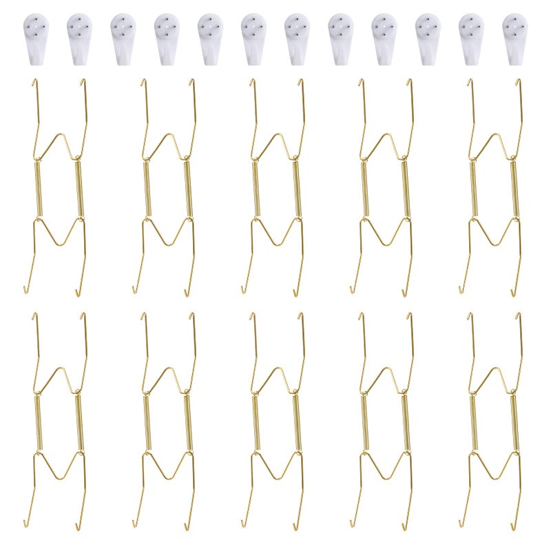 Fasunry 10-Piece Brass Plate Wall Hangers, 8 Inch Invisible Decorative Plate Holders, Comes with 12-Piece Wall Hooks - Image 1